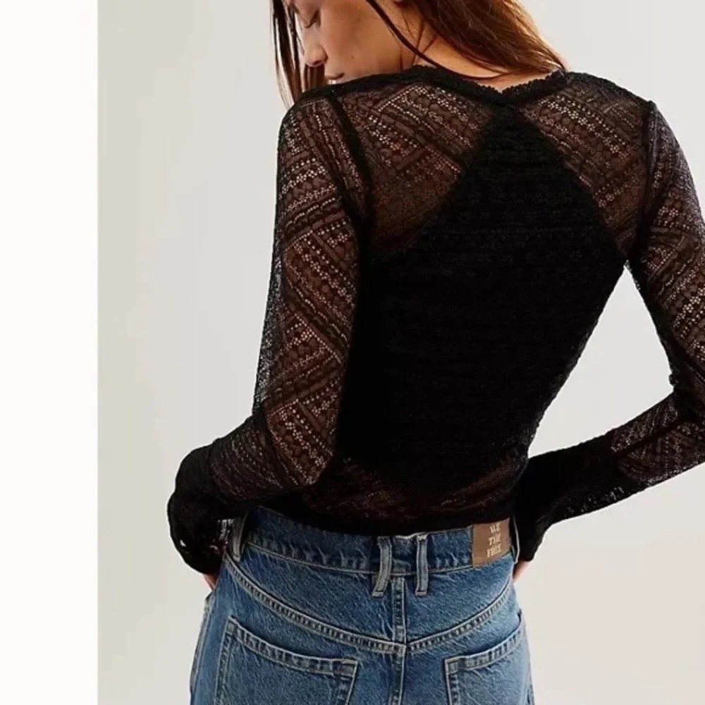 Free People No Limits High Sheer Lace Long sleeve Top Black Size Small